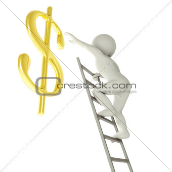3D man on a ladder about to reach golden dollar sign