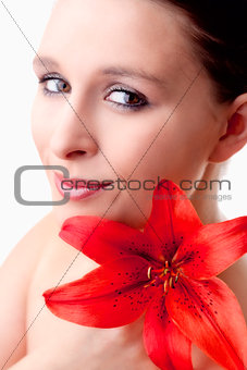 Portrait of a Beautiful Young Woman with Red Lily 