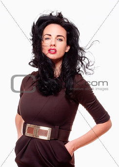 Woman with Black Hair in Elegant Brown Dress