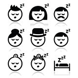 Sleeping, dreaming people faces icons set