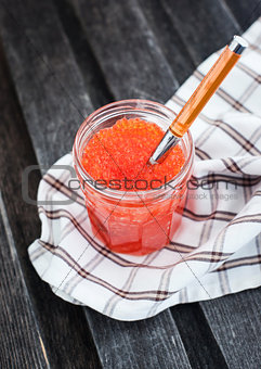 Jar of red caviar