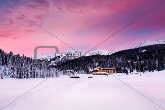 Beautiful Sunrise at Ski Resort of Madonna di Campiglio, Italian