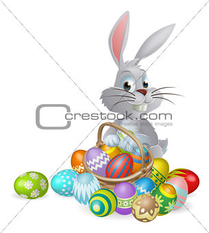 White Easter bunny and chocolate eggs