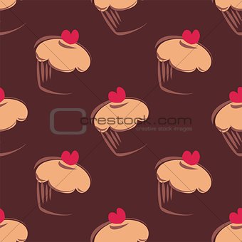 Seamless vector pattern background with big chocolate brown cupcakes, muffins, sweet cake and red heart on top