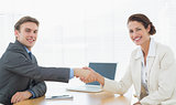 Business couple shaking hands in office