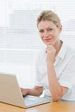 Smiling businesswoman using laptop at desk