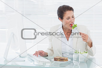 Businesswoman eating salad and using computer at desk