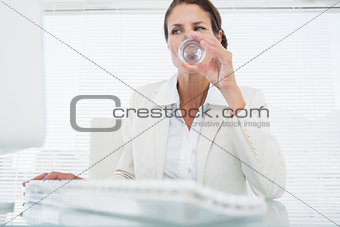 Businesswoman using computer while drinking water