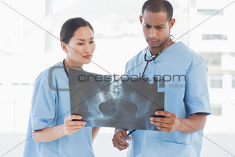 Two surgeons examining xray