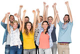 Portrait of casual cheerful people raising hands