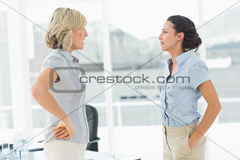 Side view of two businesswomen fighting