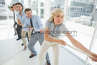 Group of business people pulling rope in office
