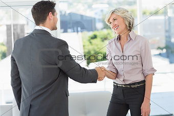 Side view of two executives shaking hands
