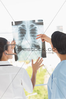 Rear view of two female doctors examining xray