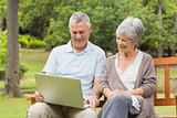 Smiling senior couple using laptop at park