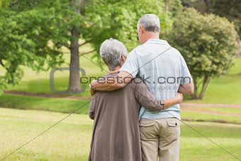 Rear view of senior couple with arms around at park