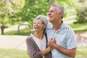 Loving senior couple holding hands at park