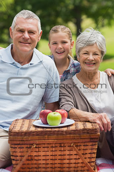 Smiling senior couple and granddaughter with picnic basket at park