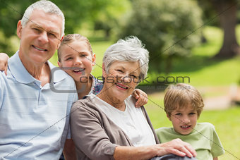 Smiling senior couple and grandchildren at park