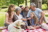 Extended family with their pet dog sitting at park