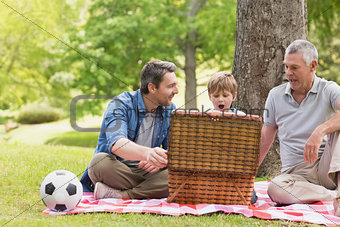 Grandfather, father and son with picnic basket