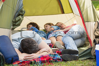 Family sleeping in the tent at park