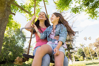 Happy mother and daughter on swing