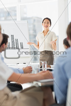 Happy asian businesswoman presenting bar chart to co workers