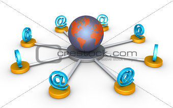 E-mail symbols are connected to the world