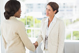 Two smiling businesswomen meeting and shaking hands