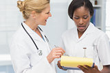 Smiling doctor and nurse going over file together