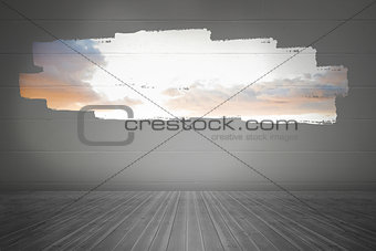 Display on wall showing bright sky