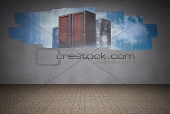 Display on wall showing server towers