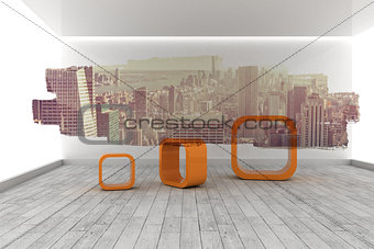 Abstract screen in room showing cityscape