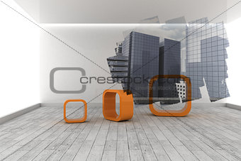Abstract screen in room showing cityscape