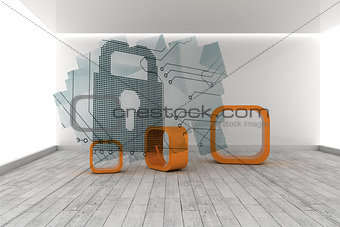 Abstract screen in room showing circuit board and lock