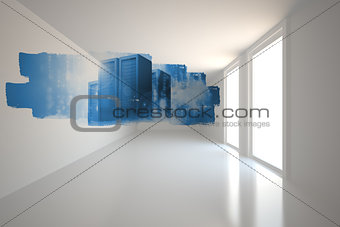 Abstract screen in room showing server towers