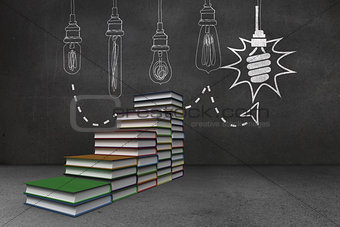 Steps made of books in front of light bulb doodle