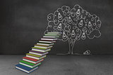 Steps made of books in front of light bulb tree doodle
