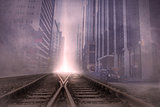 Cityscape projection over train tracks