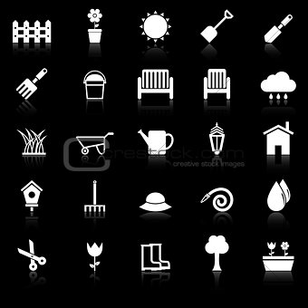 Gardening icons with reflect on black background