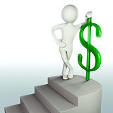 3D man reached the top of the stairs with green dollar sign