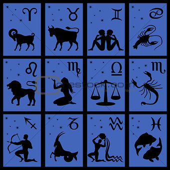 Twelve black silhouettes of Zodiac signs