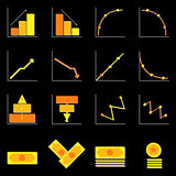 Graph and money color icons on black background