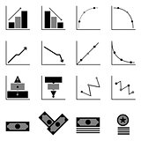 Graph and money icons on black background