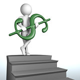 3D man at the top of the stairs holds green dollar sign