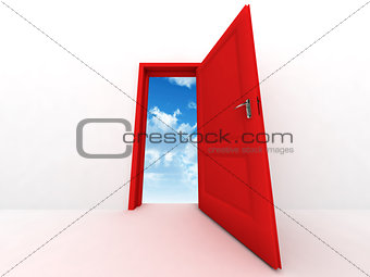 wall and opened to sky red door on a white background