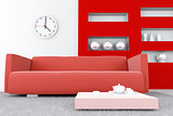 interior in red tones with a sofa and table with tea set