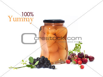Pears in jar  with fruits isolated on white background