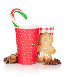 Christmas mulled wine with gingerbread cookie and candy cane